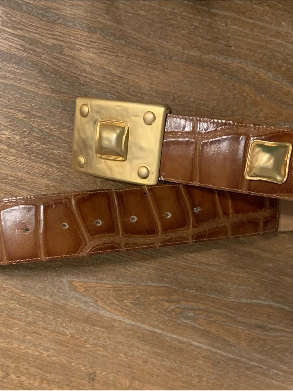 Vintage Marcella Romaya Embossed Crocodile Leather Belt Brown Gold Western